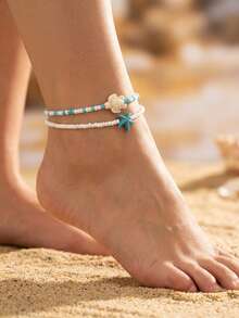 2pcs Bohemian Summer Ocean Style Beaded Anklets, Versatile Starfish & Turtle Bead Foot Jewelry, Gift Choice - Multicolor - View 7