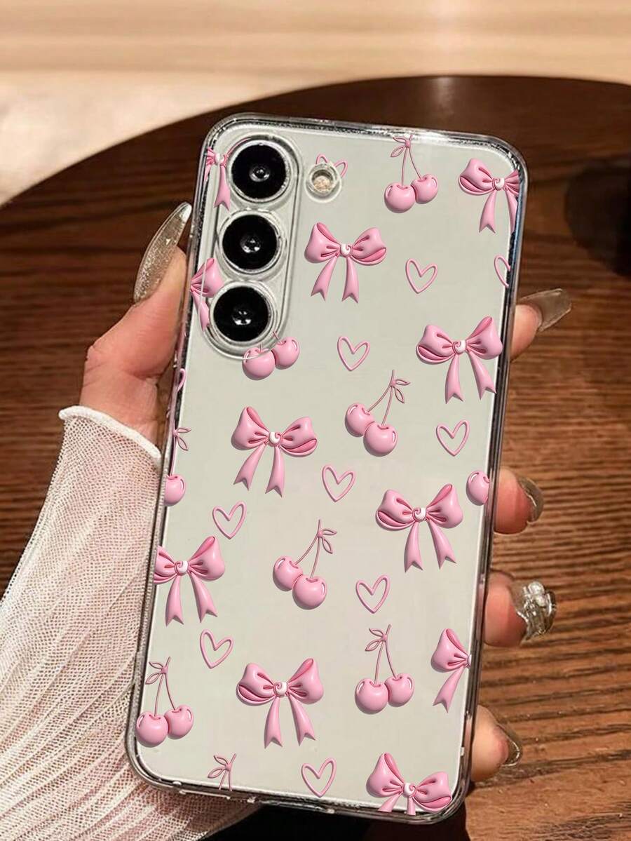 1pc Pink Heart Bow Soft Phone Case Compatible With Huawei Honor, MOTO, Galaxy A04e/12/A13/A14/A34/A50/A52/A53/A54/S21/S22/S23/S24/S25/S25Ultra/S25FE/S26/S26 PLUS/S26 ULTRA/S26 EDGE, 6A/7A/8A, 12T/13T/15T/15T Pro - Clear - View 1