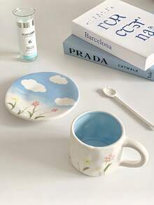 1pc Pink Floral Ceramic Coffee Cup & Saucer Set, Hand-Painted Blue Sky & White Cloud Coffee Mug, Birthday/Holiday Gift, Ceramic Teacup - Multicolor - View 2