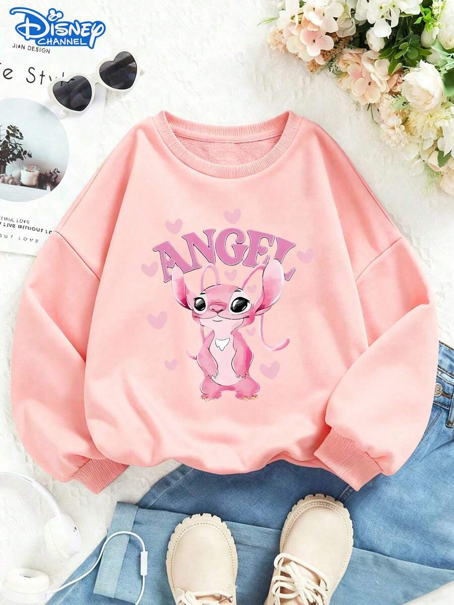 Official Disney Merch, Lilo & Stitch Angel Sweatshirt, Bold Print, Classic Crewneck, Relaxed Fit, Great Gift For Fans, Unisex - 粉色 - 查看 1