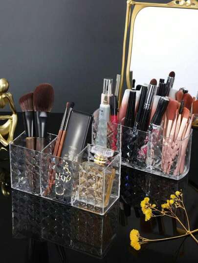 Transparent Acrylic Makeup Brush Holder, Transparent Pen Holder Storage Box, Lipstick, Lip Gloss, Eyebrow Pencil Makeup Brush Holder, Rhombus Pattern Transparent Pen Holder, Makeup Brushes, Lipstick, Eyebrow Pencil Storage Container, Lipstick Cosmetic Storage Box, Eyebrow Pencil Storage Box, Vanity Organizer