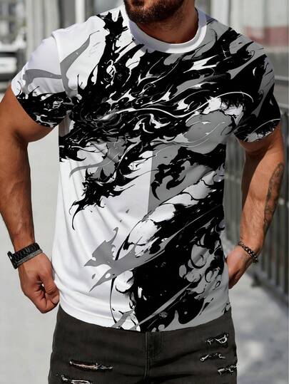 Men's Ink Painting Dragon Print Casual Versatile Daily Wear Short Sleeve T-Shirt
