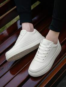 Men's Versatile Minimalist Solid Color Patchwork Low-Top Lace-Up Casual Sneakers, Fashionable Comfortable Round Toe Flat Skateboard Shoes For Teenagers - Beige - View 9