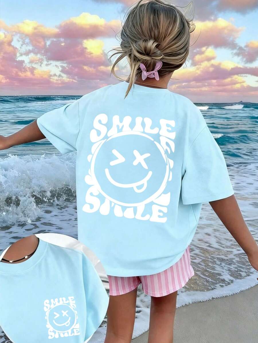 Tween Girls' Casual Graphic Print Crew Neck Short Sleeve T-Shirt, Summer Top - Baby Blue - View 1