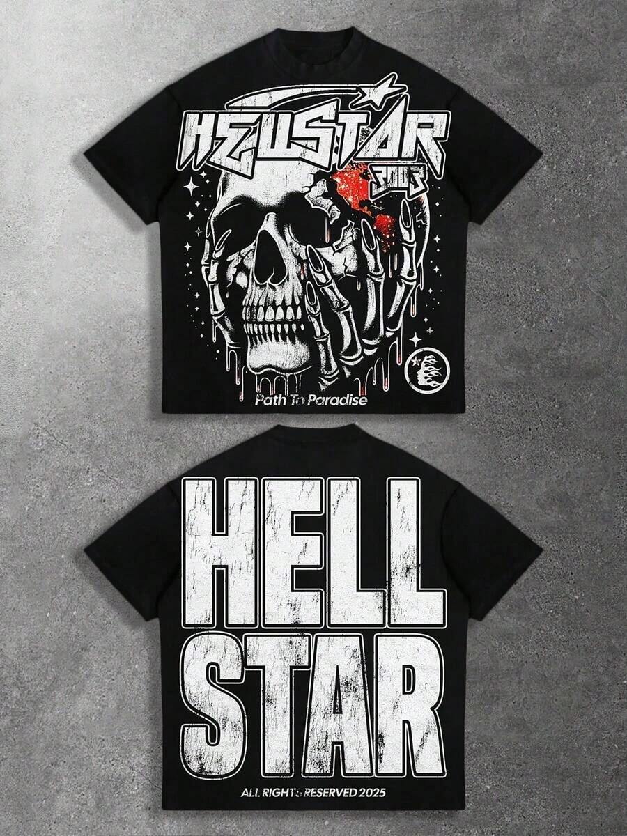 Y2K Tops, Hell Star Paradise Skull Flame Distressed Oversized Graphic Tee, Streetwear, Vintage, Punk Gothic, Aesthetic, Baggy,   For Men - Black - View 1