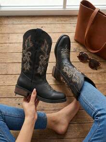 Botas vaqueras bordadas para mujer, de media caña y punta redonda, estilo vaquera, a la moda. - Multicolor - Ver 3