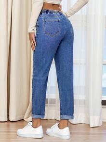 Pantalones 3/4 de denim elástico 9635-1#, casuales y versátiles, bajo enrollado, cintura elástica cómoda con cordón, pantalones cortos de denim para primavera - azul medio - Ver 5