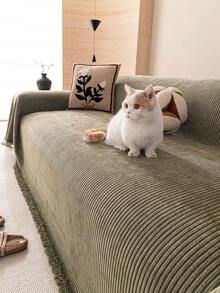 1pc Chenille Fashion Striped Solid Color Sofa Blanket, Classic Minimalist Style, Scratch-Resistant And Durable Pet-Friendly, Suitable For All Seasons To Protect Sofa In Bedroom, Living Room, Study, Office, Machine Washable - Green - View 6
