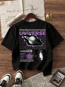 1 pieza Camiseta de manga corta suelta de moda callejera para hombre, Camiseta gráfica negra con nave espacial y explosión, Verano - Negro - Ver 3