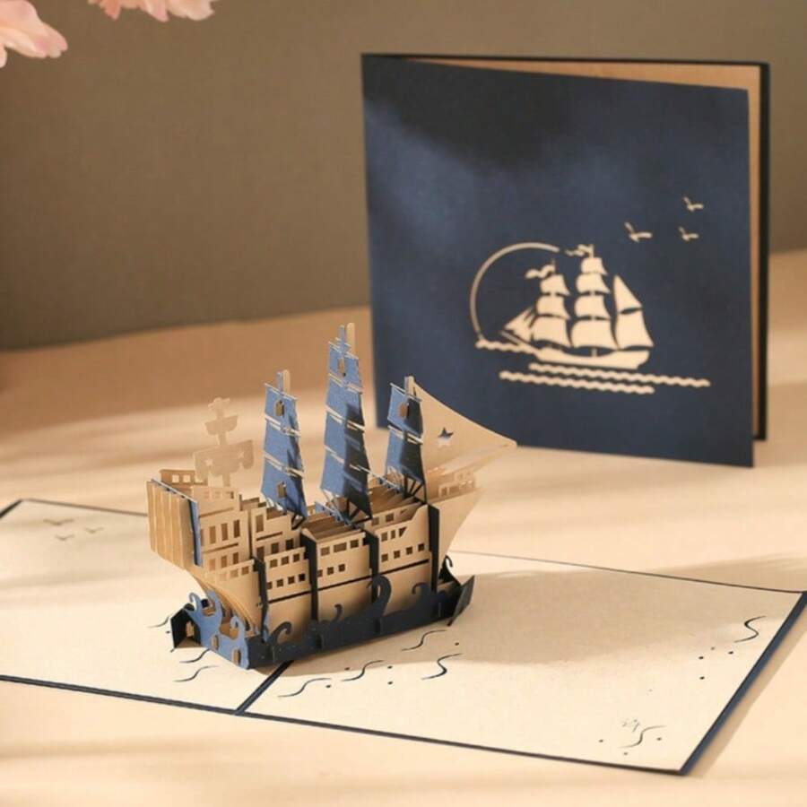 3D Blue Sailboat Pop-Up Greeting Card, 3D Sailboat Card, Birthday Card For Boyfriend/Man/Son/Father, Father's Day Gift - Sailboat - View 1