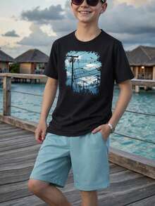 男童蓝天飞鸟印花T恤+短裤两件套，时尚休闲夏季套装，舒适度假装 - 淺藍色 - 查看 3