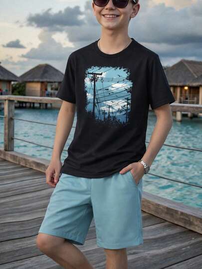 Set de 2 piezas: Camiseta con estampado de cielo azul y pájaro libre + Pantalones cortos para niños, conjunto de vestir casual y cómodo para el verano y vacaciones