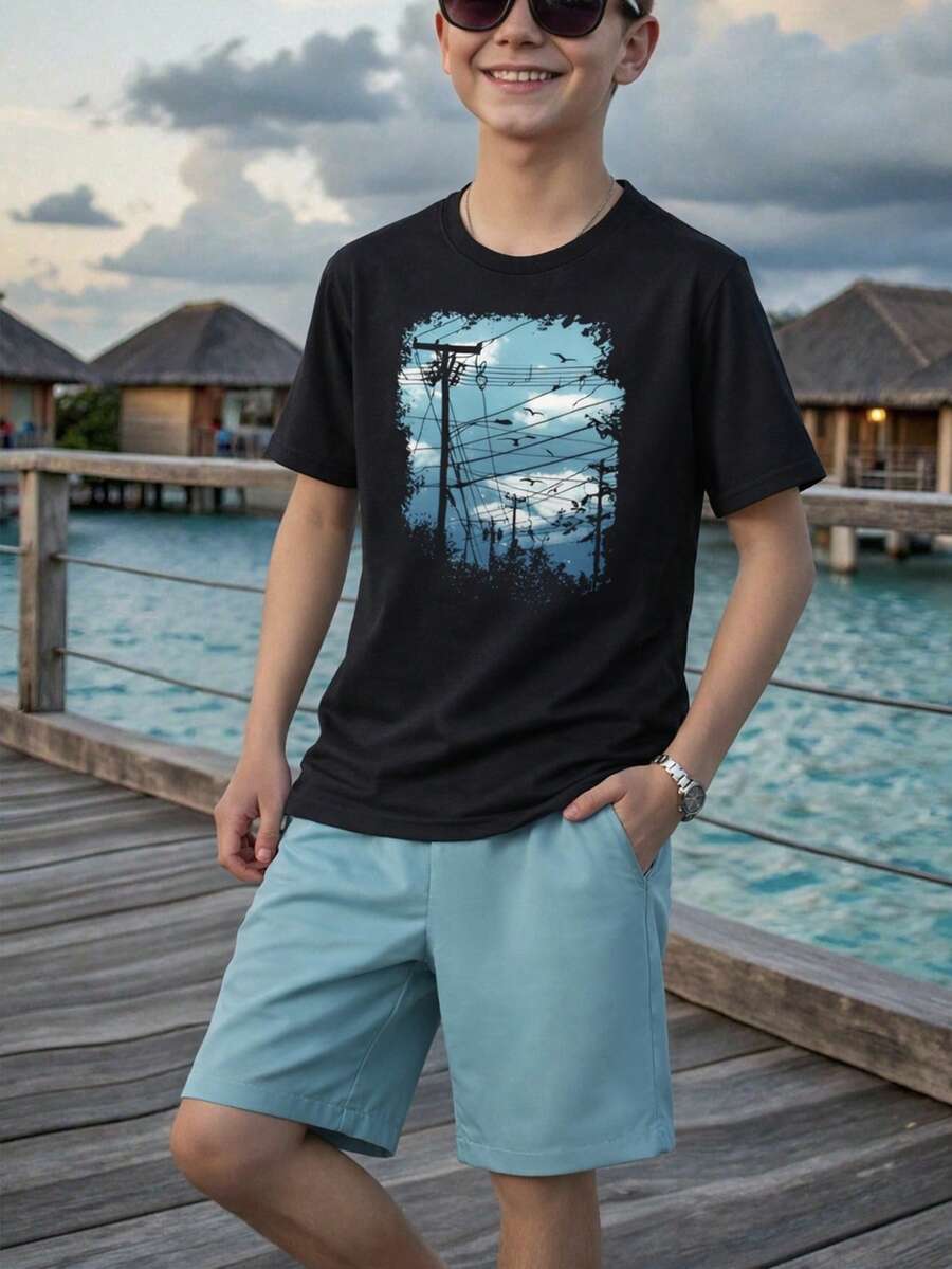 Bộ 2 món cho bé trai, áo thun và quần short in hình bầu trời xanh và chim tự do, trang phục mùa hè thời trang, thoải mái.