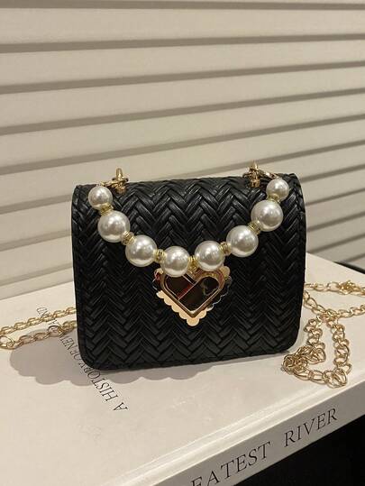 Valentine's Day Gift Mini Woven Heart Lock Bag: Crossbody/Shoulder Bag With Pearl Handle & Chain Cute Korean-Japanese Style Small Square Bag: Perfect For Gifting To Friends, Mom & Loved Ones New Arrival Versatile Mini Crossbody Bag: Woven Pattern With Pearl Beaded Handle & Chain Strap