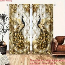 2pcs, Polyester Material, HD Digital Printing Golden Beautiful Peacock Pattern Print, Light Filtering Curtain, Suitable For Bedroom, Living Room, Office And Home Decoration, Pole Pocket Design, Suitable For Pole - Multicolor - View 7