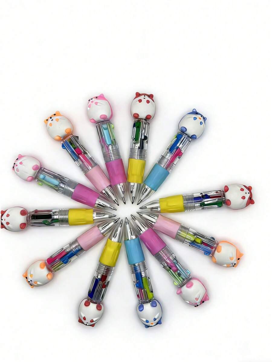 6/12/24/30pcs Set Random Cartoon Cute 4-Color Mini Ballpoint Pens, Suitable For Students, 4-Color Mini Ballpoint Pens, Craft Pens, Colored Pens, 4-Color Ink, Student Office Stationery Gift Box Set, 0.7mm Refill, Back To School Essential, Learning Supplies - Multicolor - View 1