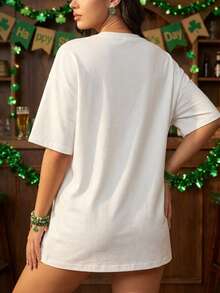 圣帕特里克节闪光印花女式宽松长款圆领短袖T恤，三叶草图案印花，适合圣帕特里克节、爱尔兰节日、圣帕迪节、3月17日、爱尔兰主题服装、三叶草主题、爱尔兰、三叶草、幸运符号、爱尔兰主题装饰、休闲风格、外套上衣、女式春季服装、长袖上衣、高卢风格礼物、女式春季上衣、运动上衣、女式运动服装、短袖上衣 - 白色 - 查看 6