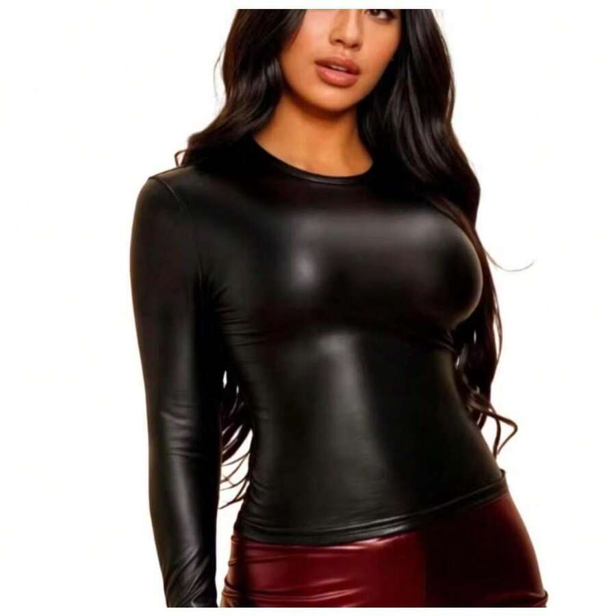 Blusa Manga Longa Cirrê Conforto Coladinha Feminina Moda Luxo Couro Fake  Balada Festa Casual 2025 - Preto - Visão 1