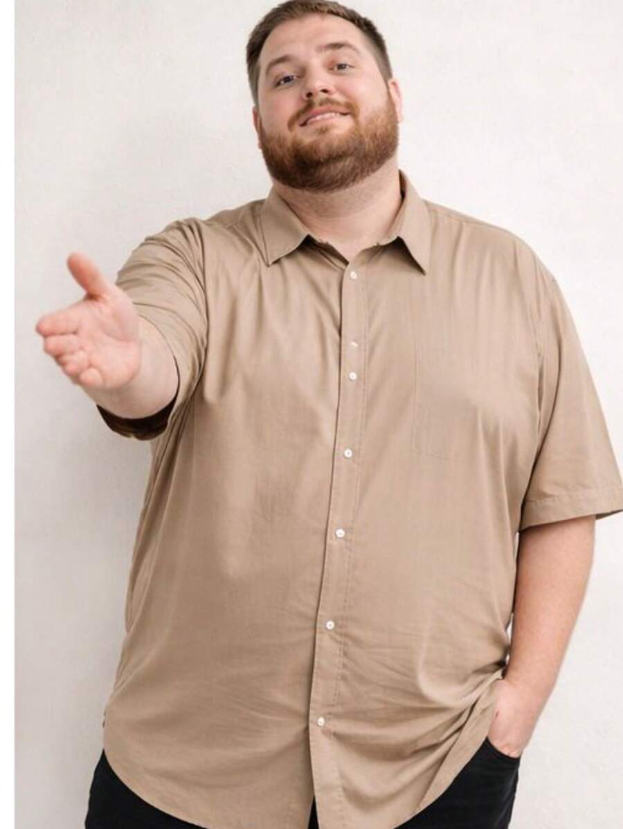 Plain Plus Size Men's Summer Beach Short Sleeve Button-Down Shirt, Viscose Fabric - Màu be - Xem 1