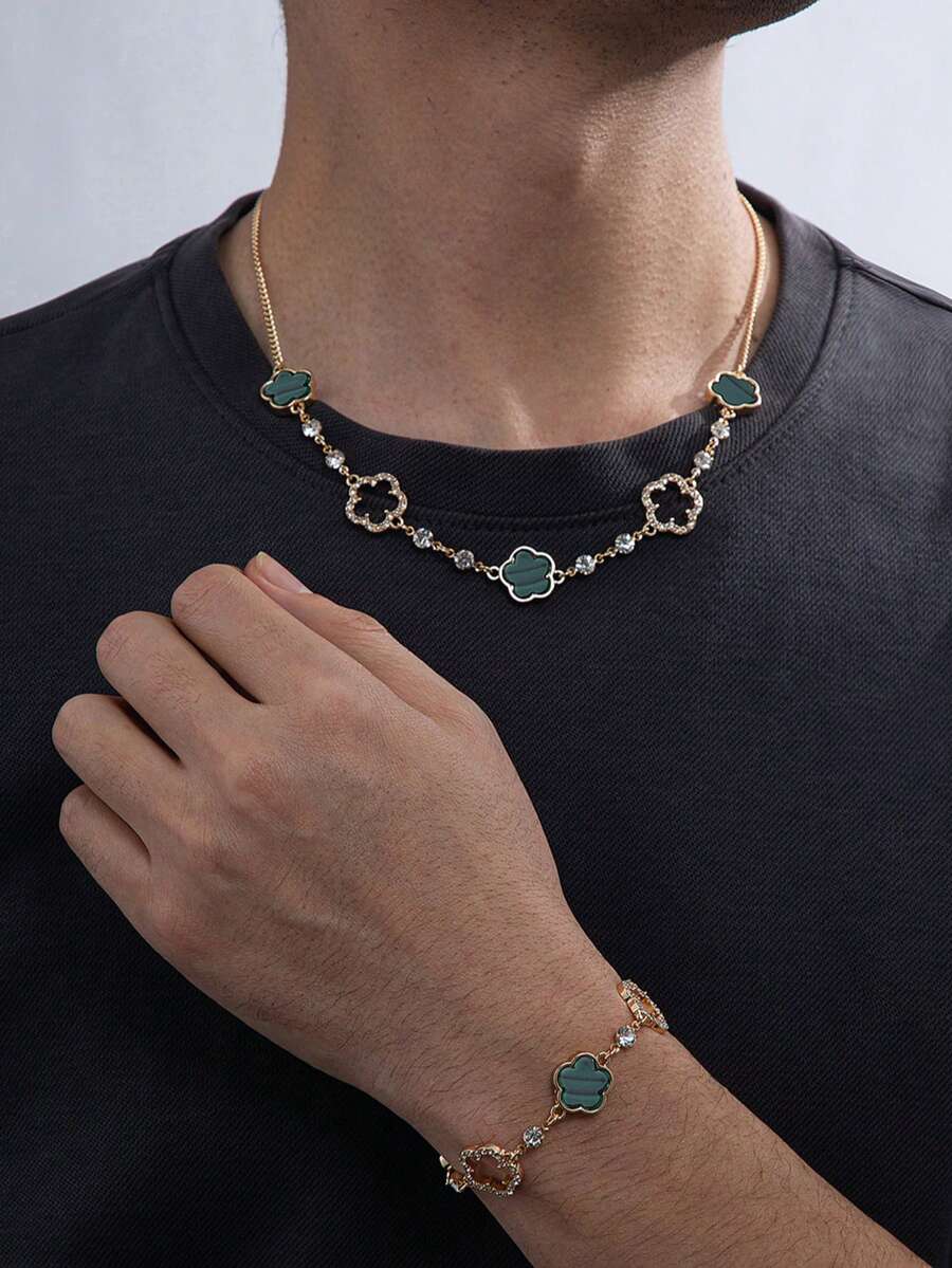 Bộ trang sức cao cấp thời trang gồm mặt dây chuyền hình cỏ ba lá rỗng màu xanh lá cây may mắn dành cho nam giới, bao gồm dây chuyền và vòng tay. - màu xanh lá - Xem 1