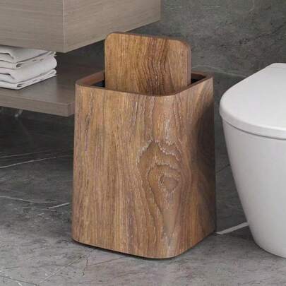 1 pieza Cubo de basura cuadrado de 12L con textura de madera retro - Cubo de basura redondo con textura de madera - Papelera con tapa de plástico para el hogar y la oficina, papelera de oficina, limpieza moderna. Oferta especial de Ramadán y Eid Al-Fitr