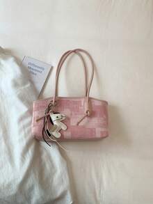 Dedoo Women's Fashionable Retro Denim Plaid Tote Bag, Adorned With A Delicate Pony Charm. - Pink - View 9