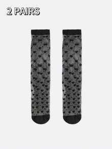 1/2/3/6双装心形印花薄纱中筒袜，轻盈透气，甜美又不失个性，日常及约会皆宜。 - 彩色 - 查看 9