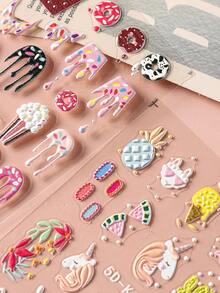 2 miếng dán móng tay 5D hình hoạt hình dễ thương: bánh donut, kỳ lân, kem, bỏng ngô, xương rồng, tự dính trang trí móng tay, phụ kiện làm móng DIY - Nhiều màu - Xem 6
