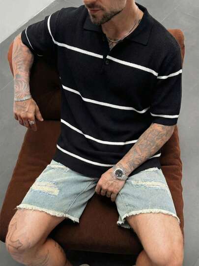 男士春夏针织短袖毛衣 Polo 领条纹撞色休闲百搭