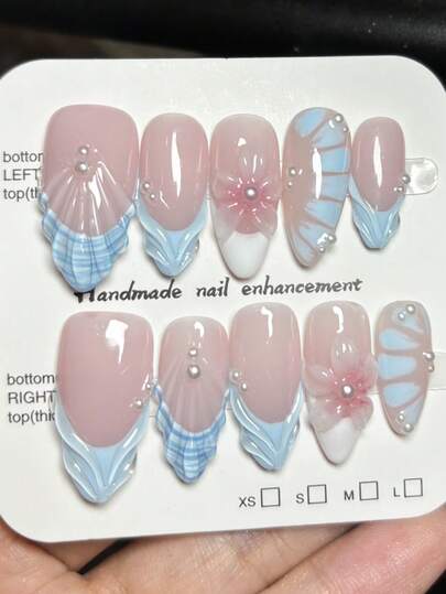 10pcs Blue Shell Textured French Almond Shaped 3D Carved Nail Art, Tie Dye Pearl Decor, Y2K Handmade Wearable Nail, Nude Pink Base, Minimalist Versatile High-End Ins Press-On Nails Suitable For Daily Wear