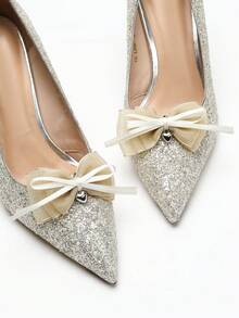 2pcs Fashionable Luxury Multi-Layer Bow Ribbon Heart Detachable Shoe Clips, Suitable For High Heels, Sandals, Wedding, Graduation - Apricot - View 1