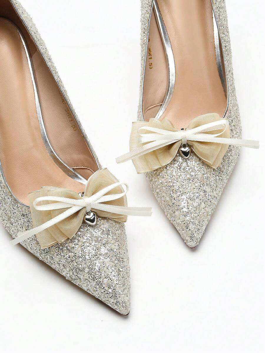 2pcs Fashionable Luxury Multi-Layer Bow Ribbon Heart Detachable Shoe Clips, Suitable For High Heels, Sandals, Wedding, Graduation - Apricot - View 1