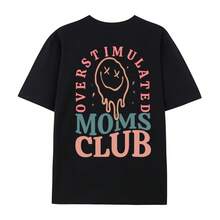 Women's Summer Overstimulation Mom Club Graphic Print Round Neck Short Sleeve Simple Casual Everyday Black Plus Size-Shirt Tops, Mom Birthday Graphic Print Ladies Tops, Fun Mom Prints Ladies Summer Clothing, Face Letter Prints Summer Tops - 黑色 - 查看 8