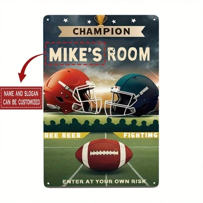 Customizable American Football Champion Metal Plaque - Personalized Vintage Wall Art With Helmet And Trophy, Perfect For Men's Cave, Bar Or Gift, 8x12 Inches (20x30 Cm), Football Decor, 2D Flat, Great For Room Decoration