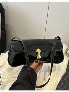 法式镜面腋下包，时尚手提单肩包，百搭单肩包，韩版女士手提包，简约新月形女士包，通勤包 - 黑色 - 查看 6