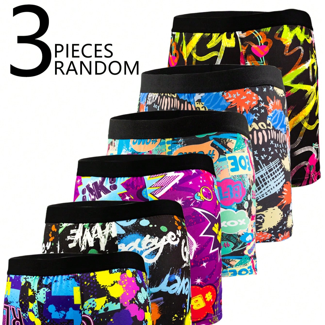 Set de 3 bóxers largos de moda para hombre con estampado, bóxers de natación largos cómodos y transpirables de estilo graffiti con gran elasticida