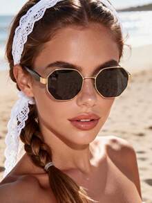 1 Pair Unisex Retro Polygon Metal Frame Fashion Glasses, Suitable For Parties, Outings, Summer Beach Accessories, Valentine's Day Gifts, Parties And Other Occasions - Gold Ash - View 5