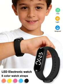 5pcs/Set Jam Tangan Digital LED Anak-Anak dengan Tali Silikon TPU, Menampilkan Waktu, Bulan, Tahun, dan Minggu, Tali Dapat Diganti, Cocok untuk Sekolah, Pemakaian Sehari-hari, Liburan & Hadiah, 1 Jam Tangan Hitam dengan 4 Tali Berwarna - Hitam - View 1