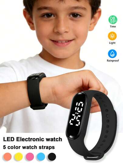 Set de 5 relojes digitales LED de silicona TPU para niños con pantalla de hora, mes, año y semana, correa reemplazable, adecuado para la escuela, uso diario, vacaciones y regalos, 1 reloj negro con 4 correas de colores