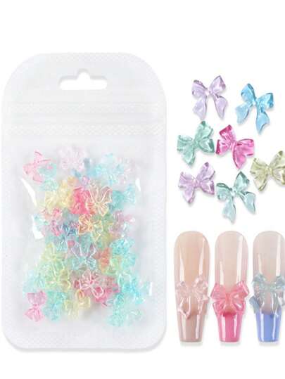 50pcs Colorful Transparent Ribbon Bow Tie Resin 3D Nail Art Decorations, Mixed Korean And Japanese Style