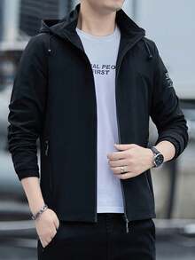 Men's Casual Hooded Windbreaker Jacket - Spring/Fall Relaxed Fit Zip Up Jacket With Pockets - Black - View 4