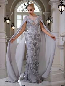 Rochie maxi elegantă, sexy, cu model sirenă, cu paiete și mărgele, brodată, cu decolteu rotund, potrivită pentru cocktailuri, gală, nunți, ocazii formale, primăvară - Gri deschis - Vizualizare 7