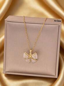 Bộ 3 món gồm dây chuyền và bông tai đính đá giả ngọc trai hình nơ, thiết kế sáng tạo, tối giản, thanh lịch, cổ điển, thời trang thường ngày, phù hợp cho Lễ Tạ ơn, Giáng sinh, đi làm hàng ngày, dự tiệc, ngày lễ, lựa chọn quà tặng tiết kiệm chi phí (Hộp đựng chỉ để chụp ảnh). - Vàng - Xem 3