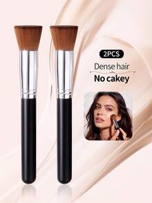 2pcs Premium Flat Top Foundation Brushes, Flawless Makeup Powder Blush Contour Brushes, Multi-Functional Professional Face Makeup Brushes - Black - View 3
