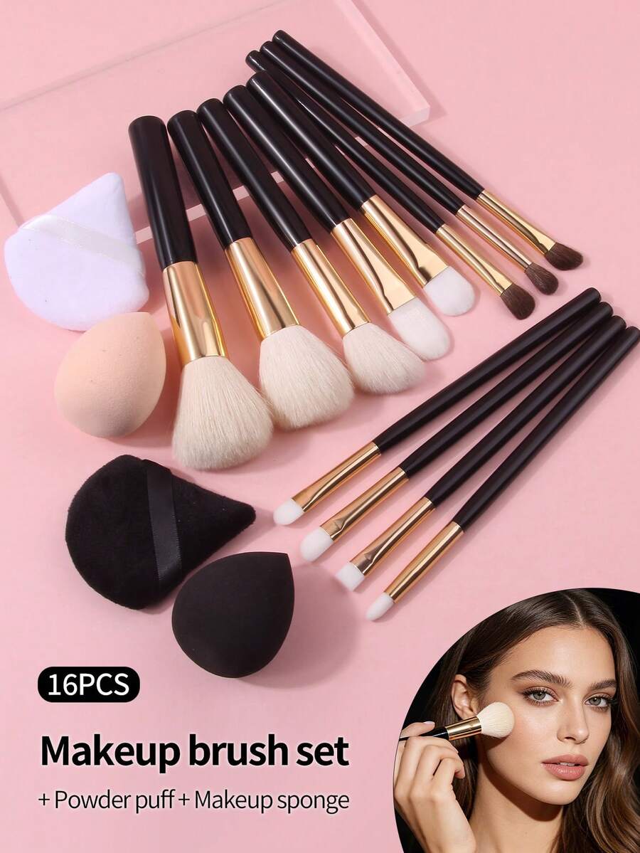 16pcs Premium Makeup Brush Set, Includes Powder Brush, Blush Brush, Concealer Brush, Eyeshadow Brush, Brush Set & Ultra Soft Makeup Sponge Blender, Complete Cosmetic Tools