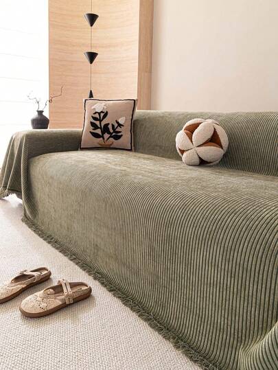 Chenille Fashion Striped & Solid Sofa Throw Blanket, Classic Minimalist Style, Scratch-Resistant Pet-Friendly, All Season Sofa Protector For Bedroom, Living Room, Study, Office, Machine Washable