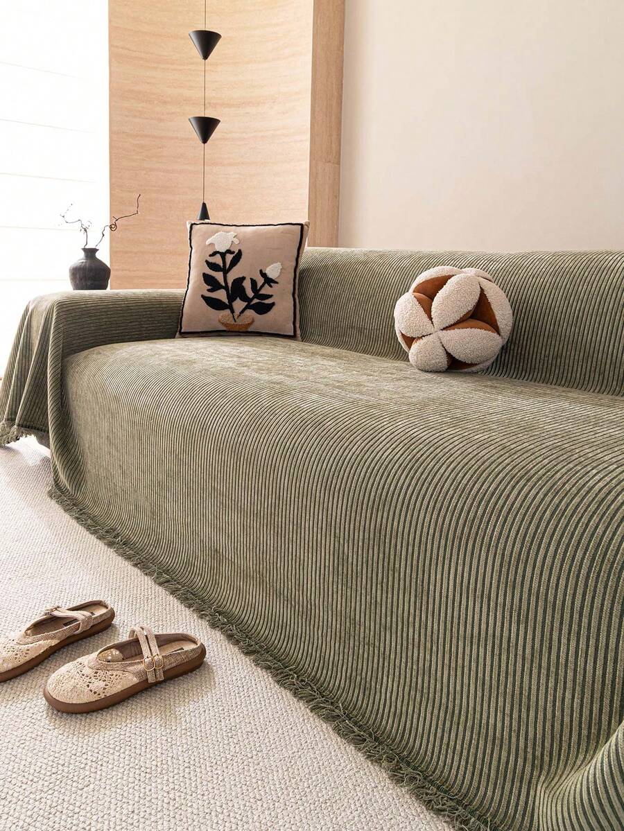 1pc Chenille Fashion Striped Solid Color Sofa Blanket, Classic Minimalist Style, Scratch-Resistant And Durable Pet-Friendly, Suitable For All Seasons To Protect Sofa In Bedroom, Living Room, Study, Office, Machine Washable - Green - View 1