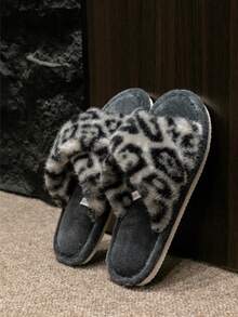 豹纹露趾交叉拖鞋，女士室内家居防滑卧室地板时尚拖鞋，男女通用，四季皆宜 - 灰色 - 查看 8