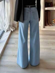 新款女士高腰弹力阔腿牛仔裤，百搭经典，舒适亲肤 - 淺色水洗藍 - 查看 5