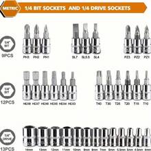 115/46件組機械工具套裝，包含套筒與棘輪扳手組 - 鉻釩鋼材質，含1/4英吋驅動與標準套筒、六角扳手、配件及收納盒，適用於汽車維修 - 多色 - 查看 8